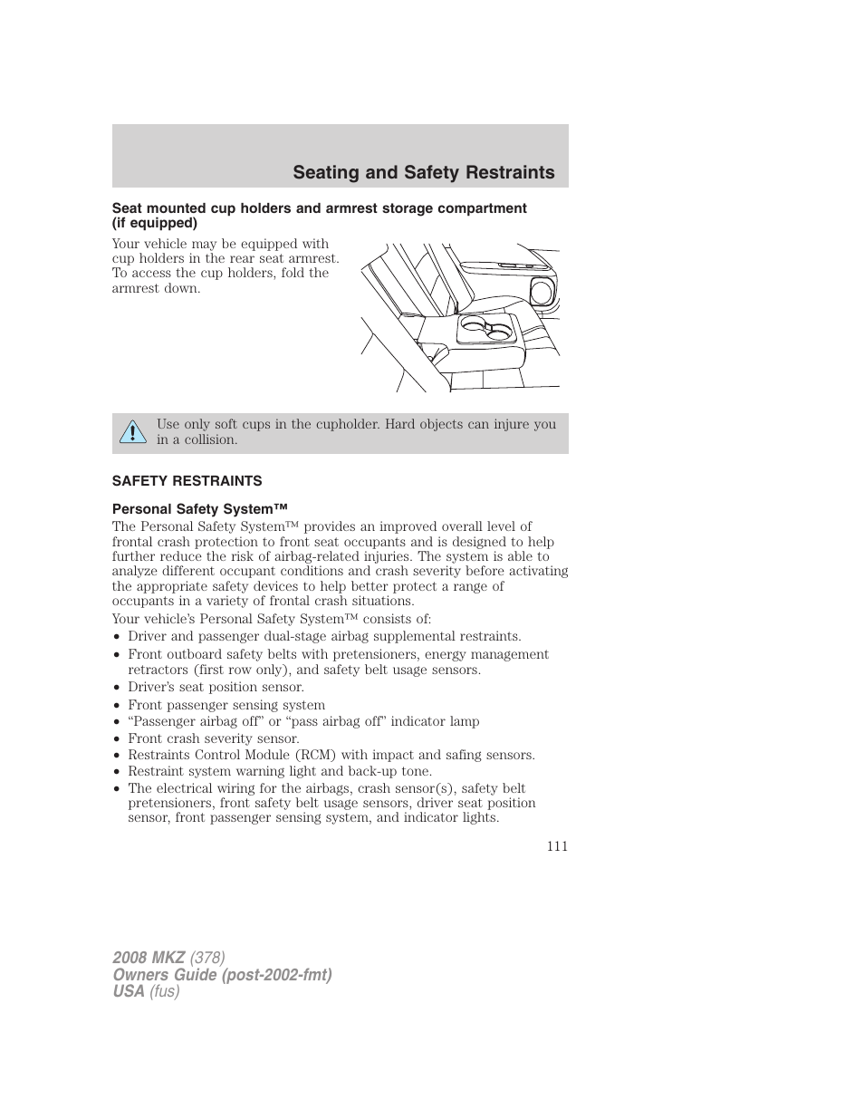 Safety restraints, Personal safety system, Seating and safety restraints | Lincoln 2008 MKZ User Manual | Page 111 / 280