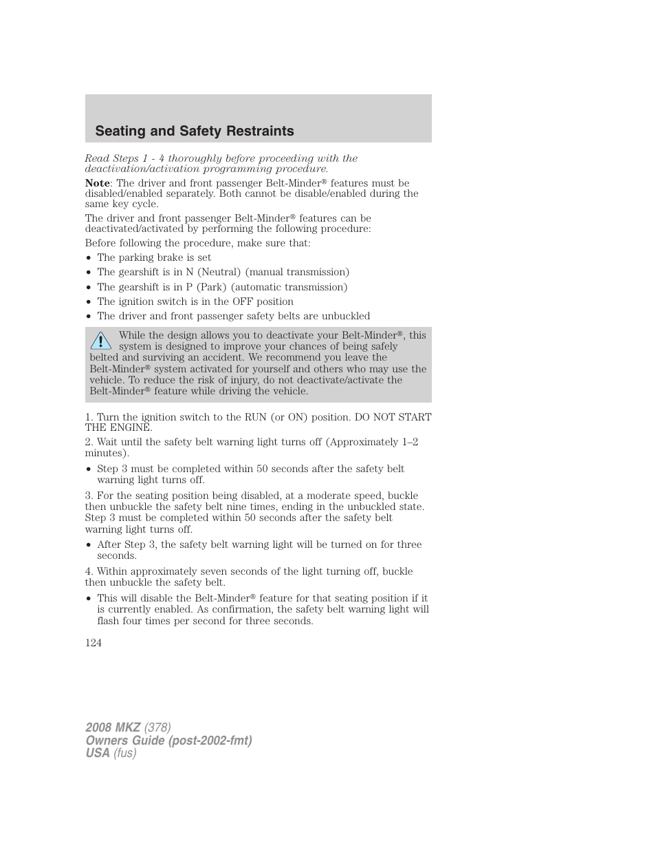 Seating and safety restraints | Lincoln 2008 MKZ User Manual | Page 124 / 280