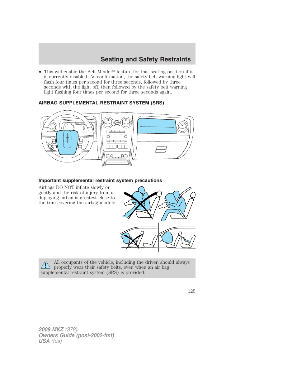 Airbag supplemental restraint system (srs), Airbags, Seating and safety restraints | Lincoln 2008 MKZ User Manual | Page 125 / 280