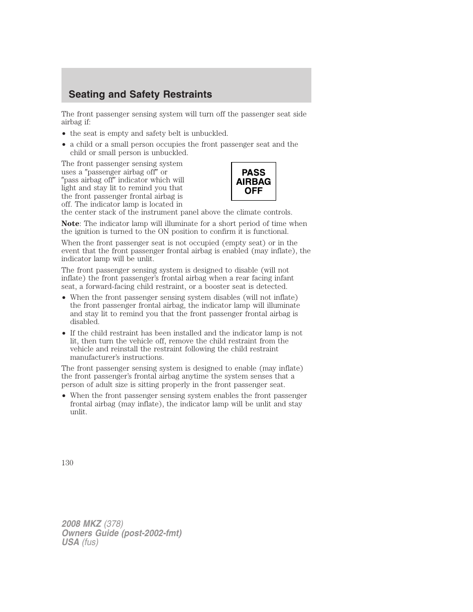 Seating and safety restraints | Lincoln 2008 MKZ User Manual | Page 130 / 280