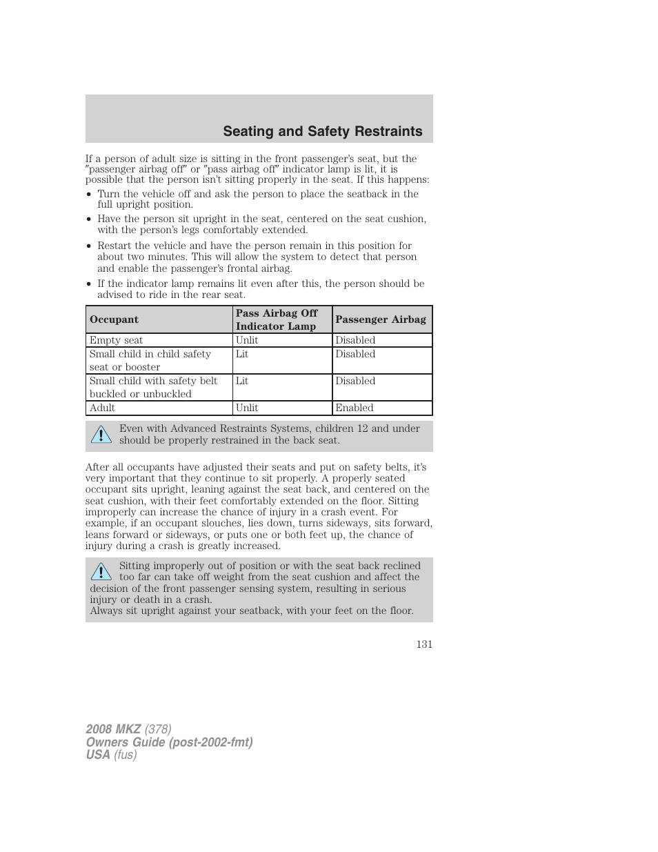 Seating and safety restraints | Lincoln 2008 MKZ User Manual | Page 131 / 280