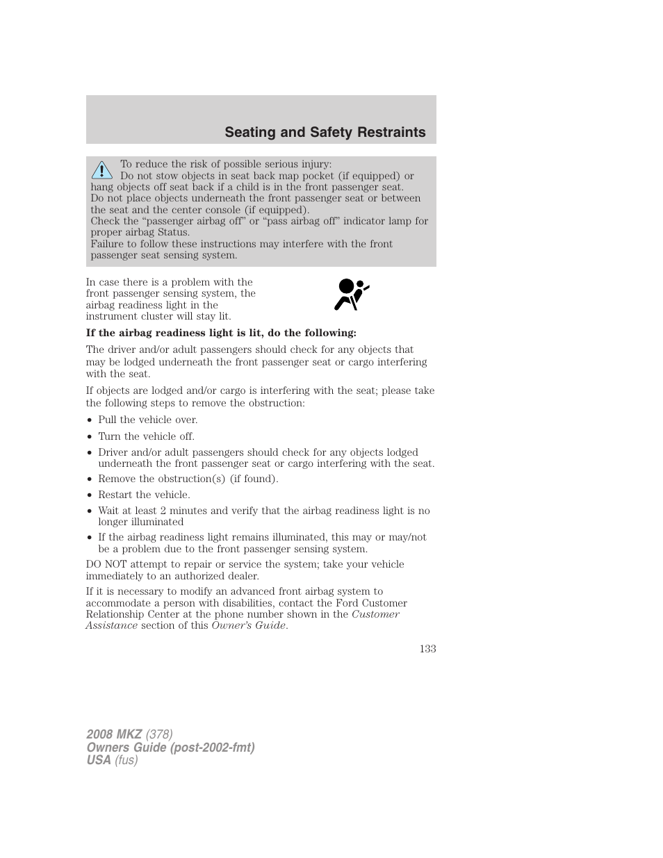 Seating and safety restraints | Lincoln 2008 MKZ User Manual | Page 133 / 280