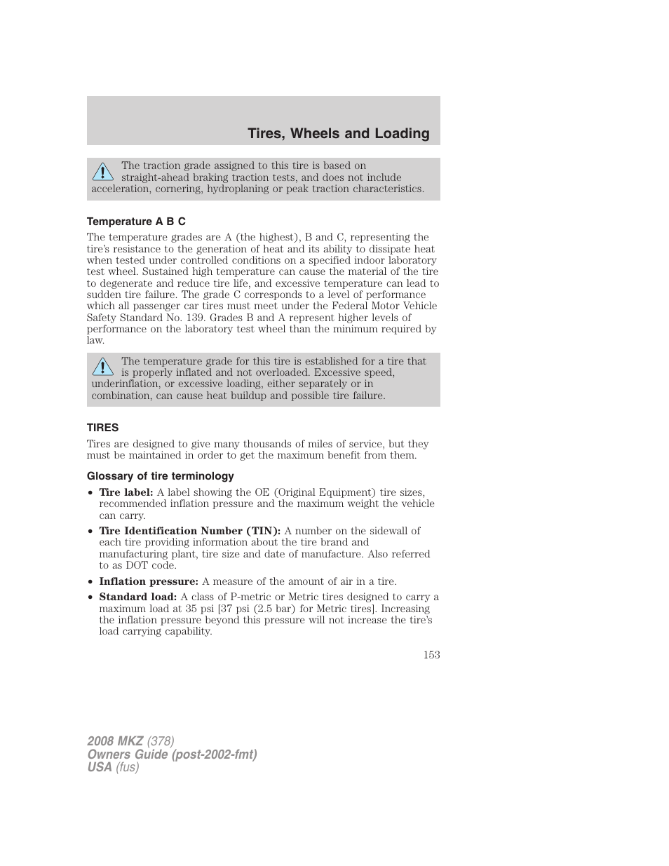 Temperature a b c, Tires, Glossary of tire terminology | Tires, wheels and loading | Lincoln 2008 MKZ User Manual | Page 153 / 280