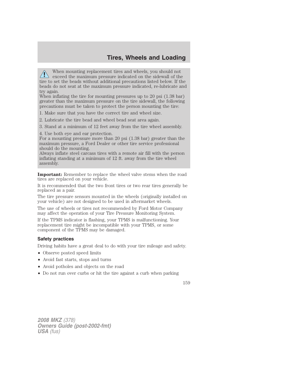 Safety practices, Tires, wheels and loading | Lincoln 2008 MKZ User Manual | Page 159 / 280
