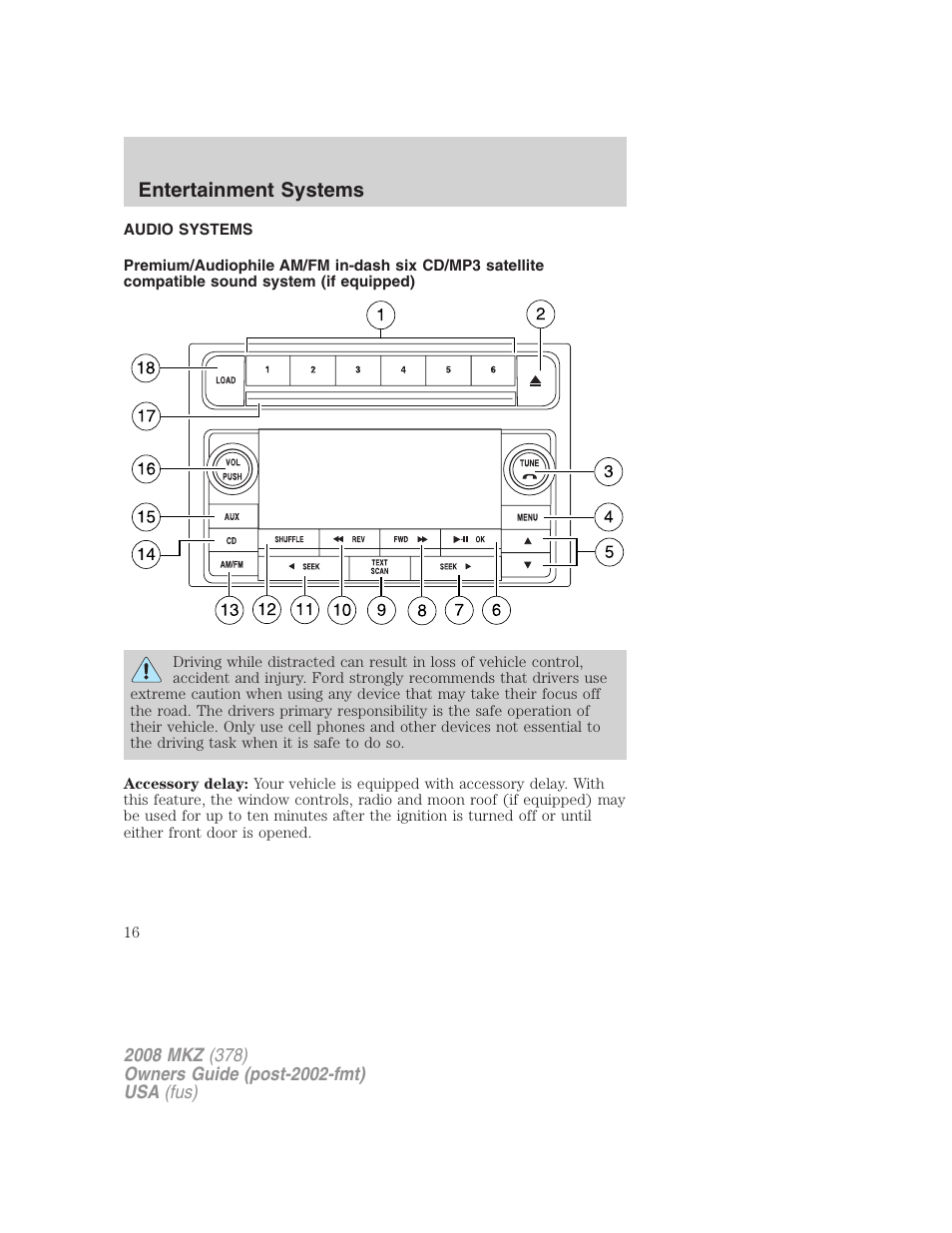 Entertainment systems, Audio systems, Am/fm stereo with cdx6/mp3 | Lincoln 2008 MKZ User Manual | Page 16 / 280