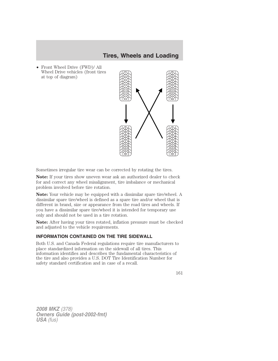 Information contained on the tire sidewall, Tires, wheels and loading | Lincoln 2008 MKZ User Manual | Page 161 / 280