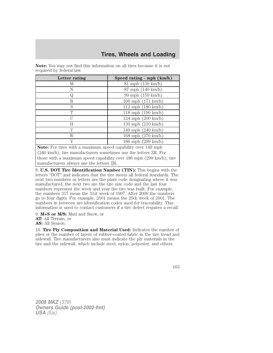 Tires, wheels and loading | Lincoln 2008 MKZ User Manual | Page 163 / 280