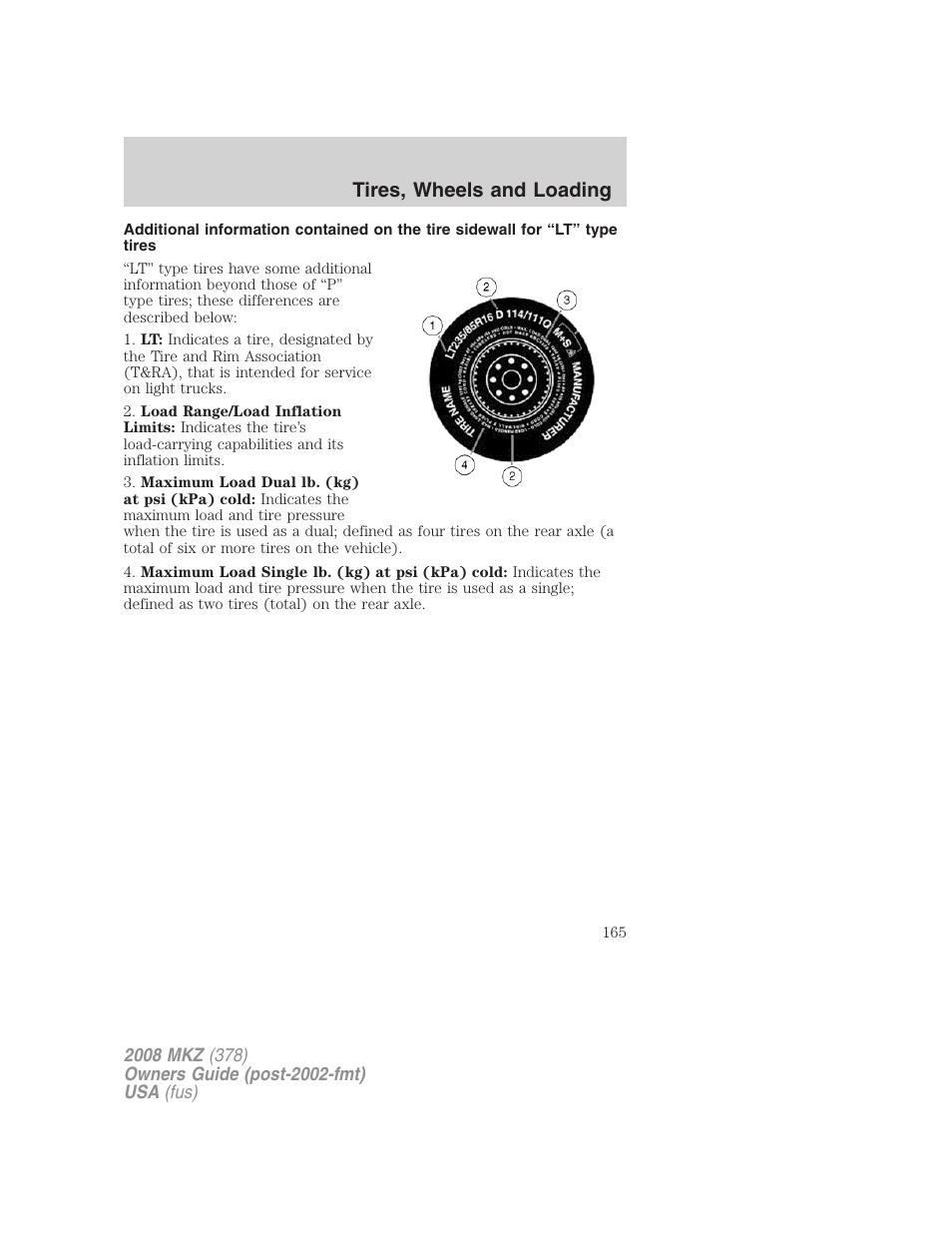 Tires, wheels and loading | Lincoln 2008 MKZ User Manual | Page 165 / 280