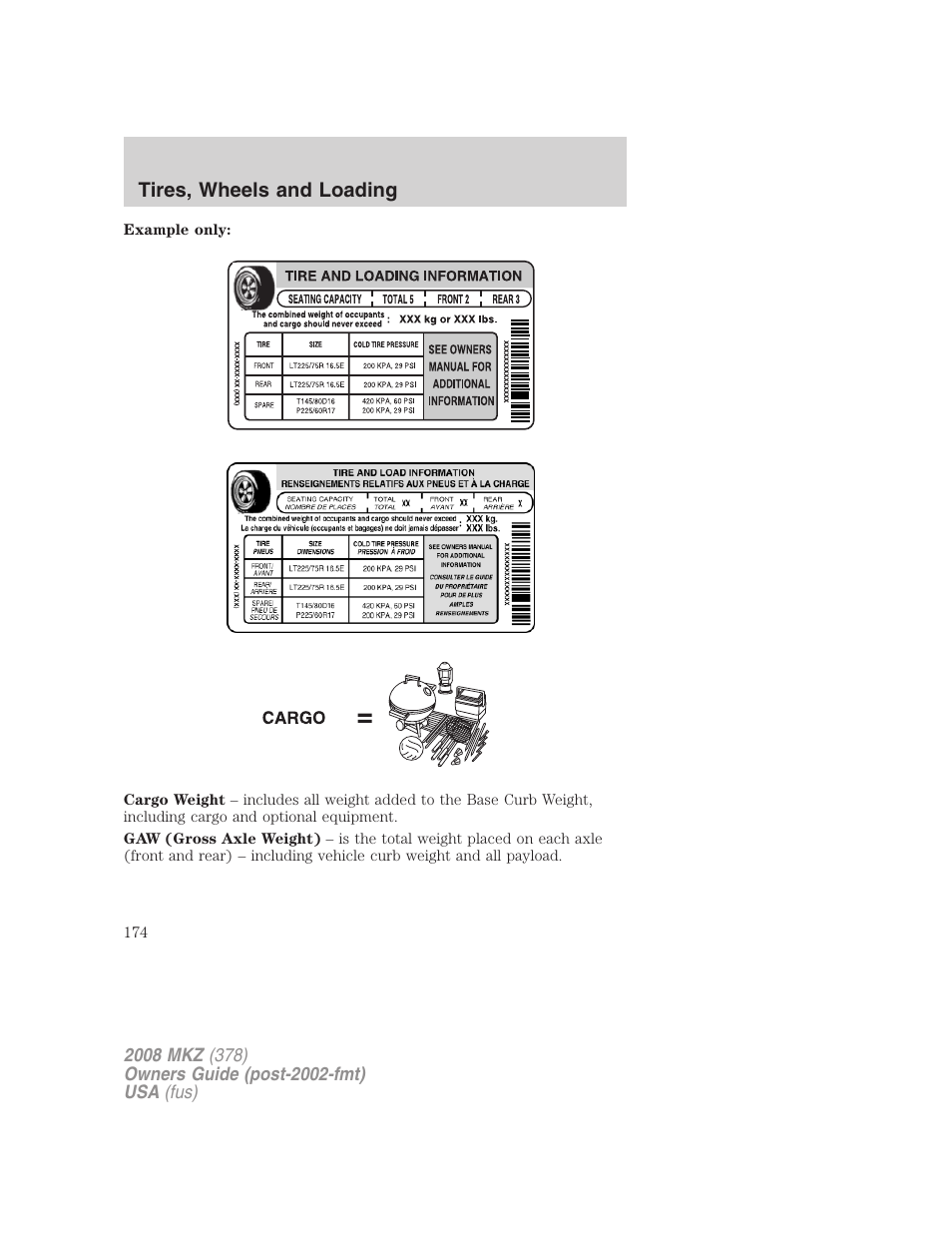 Tires, wheels and loading | Lincoln 2008 MKZ User Manual | Page 174 / 280