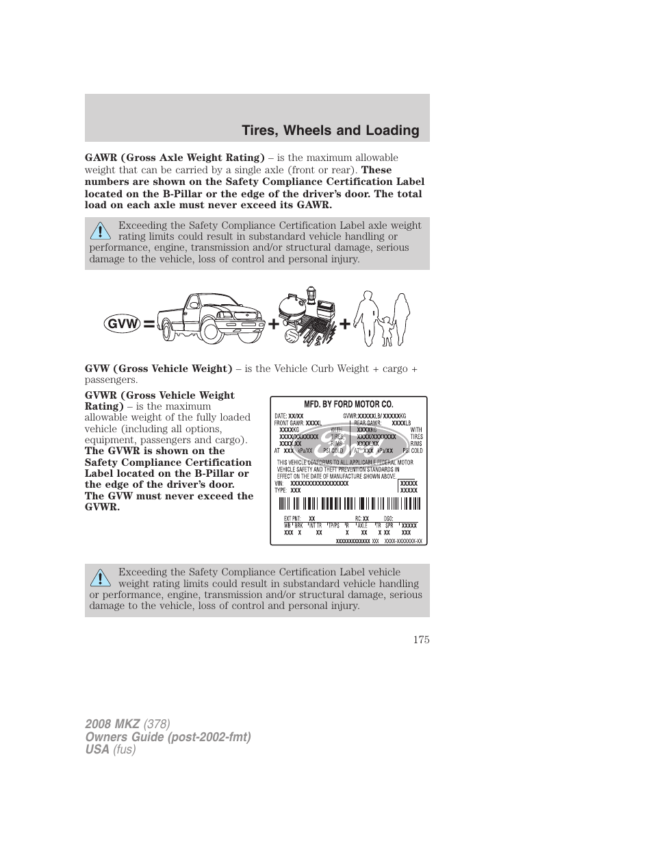 Tires, wheels and loading | Lincoln 2008 MKZ User Manual | Page 175 / 280