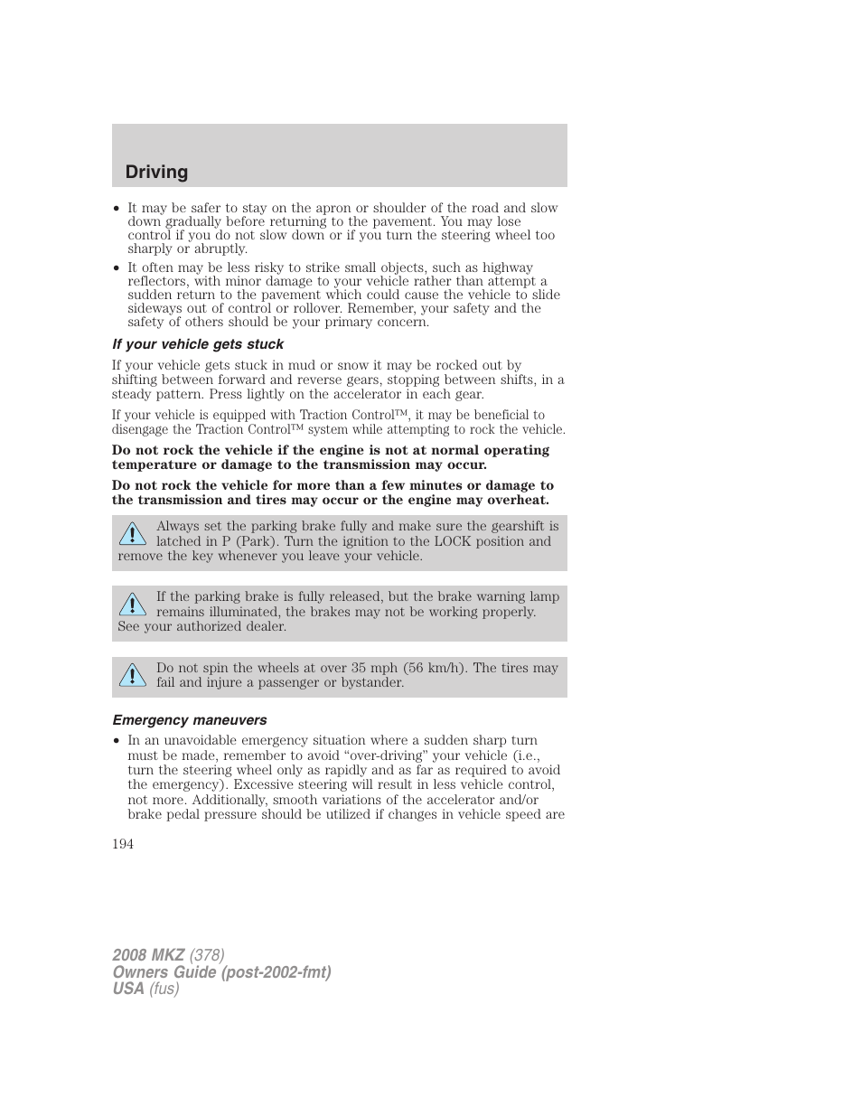 If your vehicle gets stuck, Emergency maneuvers, Driving | Lincoln 2008 MKZ User Manual | Page 194 / 280