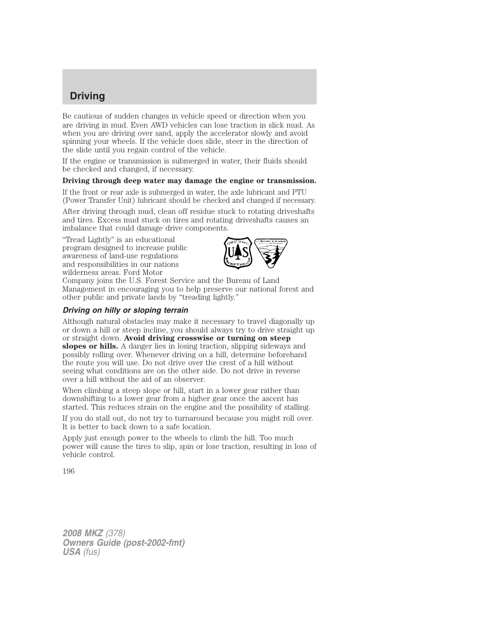 Driving on hilly or sloping terrain, Driving | Lincoln 2008 MKZ User Manual | Page 196 / 280