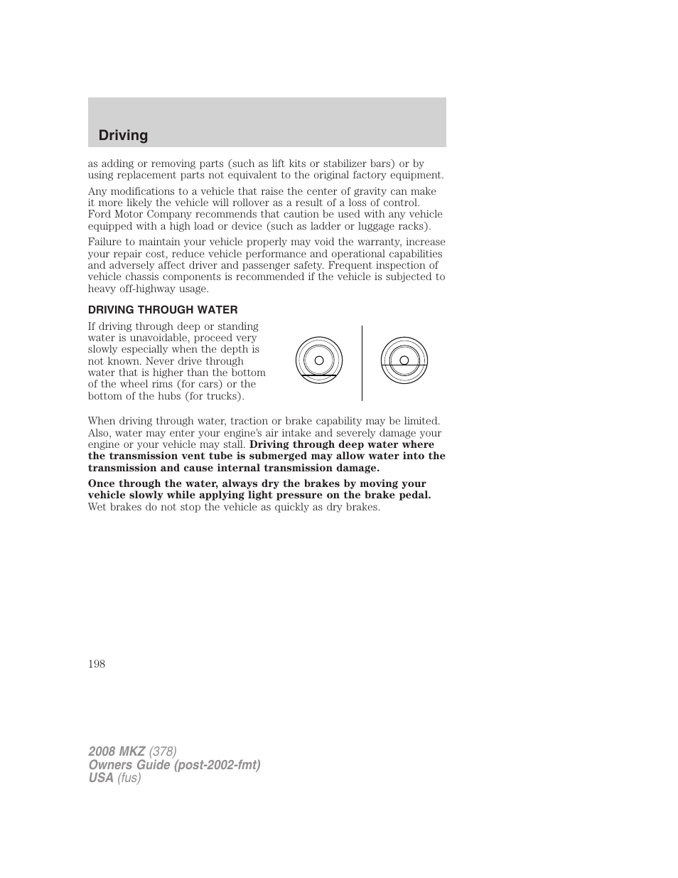 Driving through water, Driving | Lincoln 2008 MKZ User Manual | Page 198 / 280