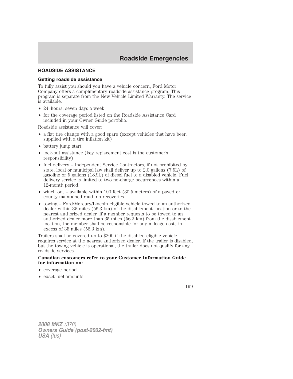 Roadside emergencies, Roadside assistance, Getting roadside assistance | Lincoln 2008 MKZ User Manual | Page 199 / 280