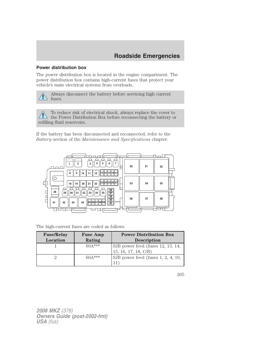 Power distribution box, Roadside emergencies | Lincoln 2008 MKZ User Manual | Page 205 / 280