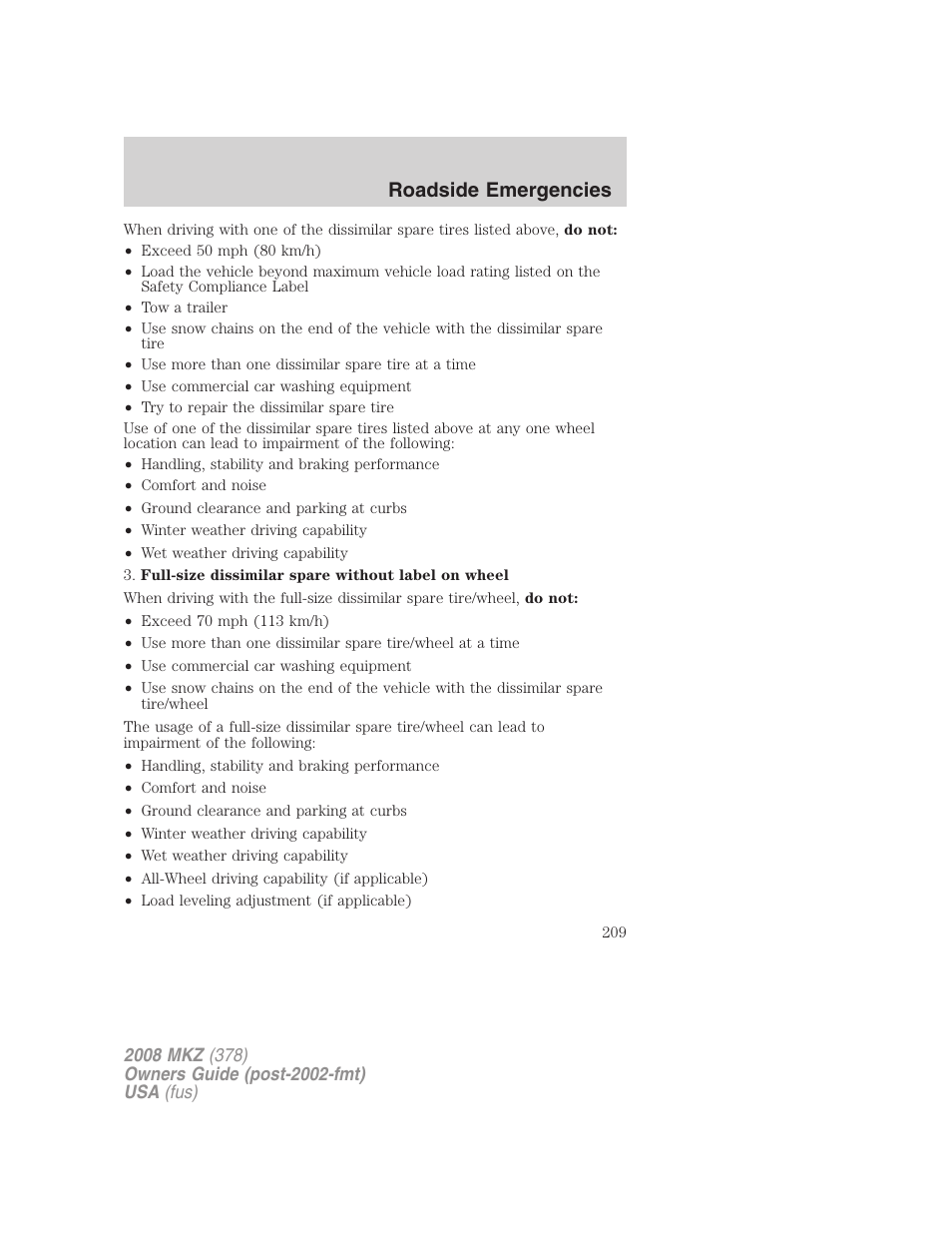 Roadside emergencies | Lincoln 2008 MKZ User Manual | Page 209 / 280