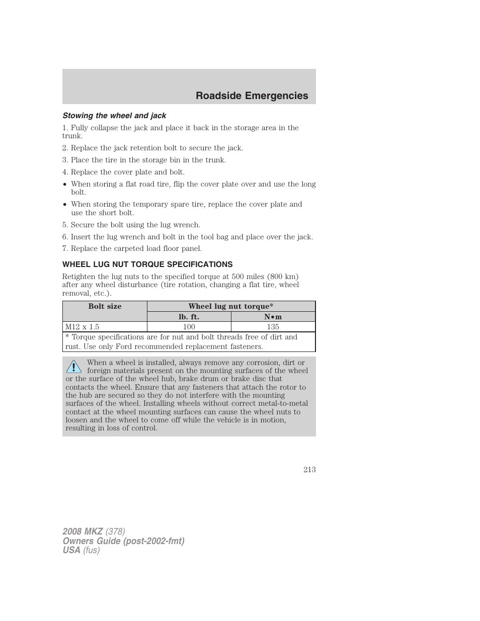 Stowing the wheel and jack, Wheel lug nut torque specifications, Lug nut torque | Roadside emergencies | Lincoln 2008 MKZ User Manual | Page 213 / 280