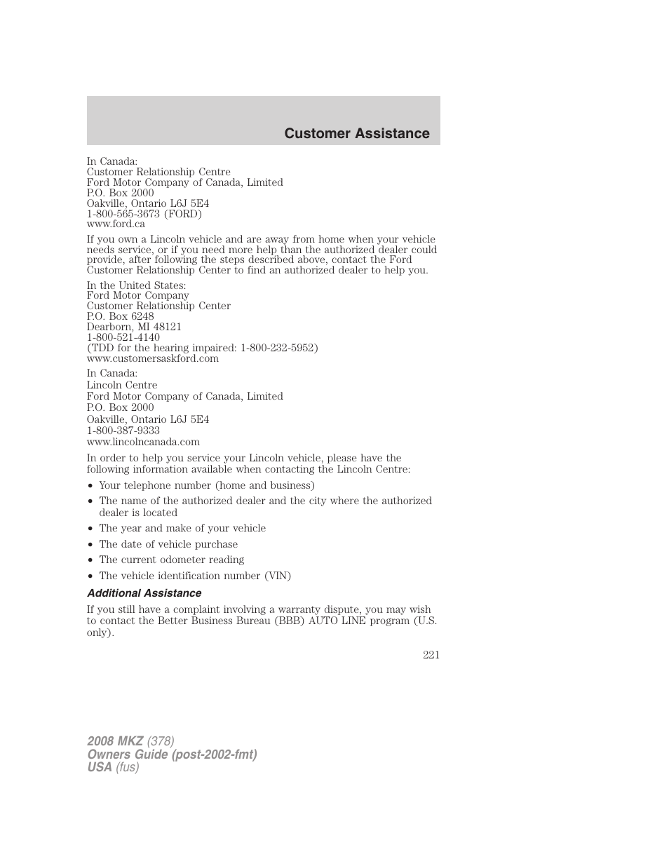 Additional assistance, Customer assistance | Lincoln 2008 MKZ User Manual | Page 221 / 280