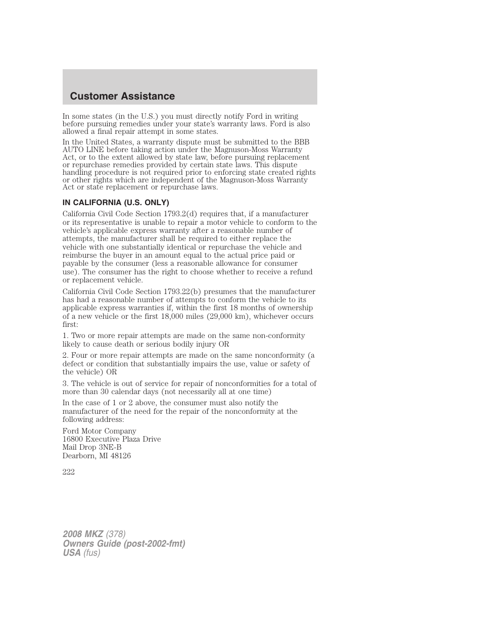 In california (u.s. only), Customer assistance | Lincoln 2008 MKZ User Manual | Page 222 / 280