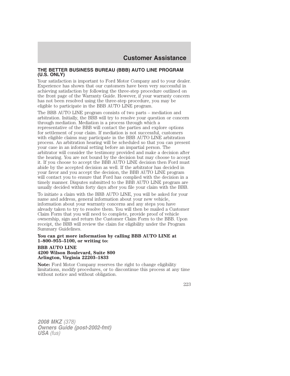 Customer assistance | Lincoln 2008 MKZ User Manual | Page 223 / 280