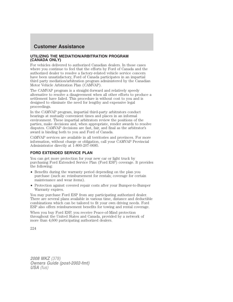 Ford extended service plan, Customer assistance | Lincoln 2008 MKZ User Manual | Page 224 / 280