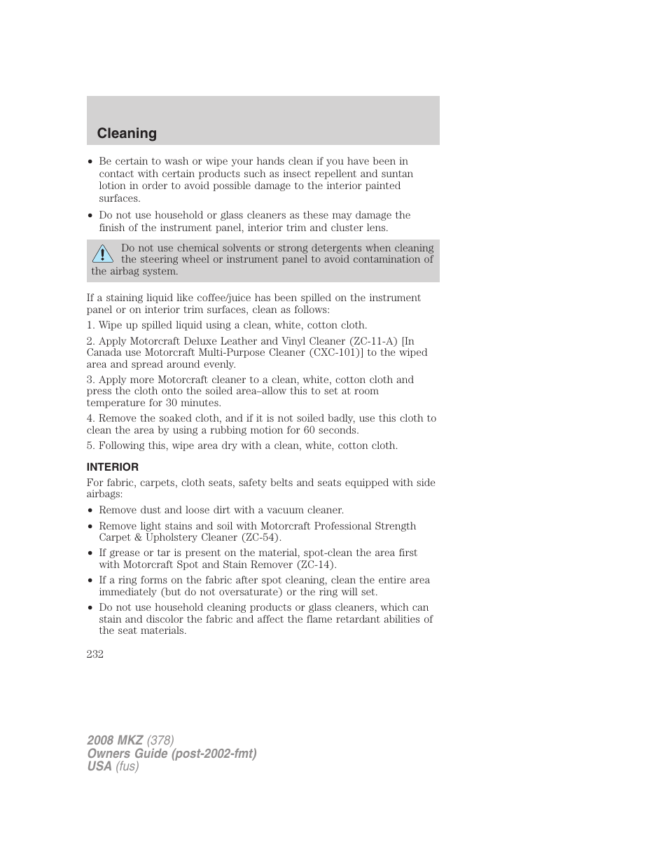 Interior, Cleaning | Lincoln 2008 MKZ User Manual | Page 232 / 280