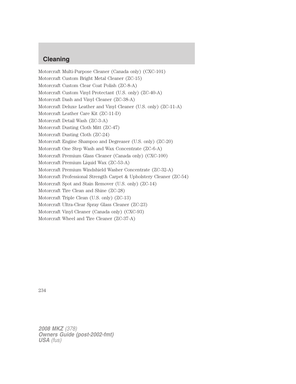 Cleaning | Lincoln 2008 MKZ User Manual | Page 234 / 280