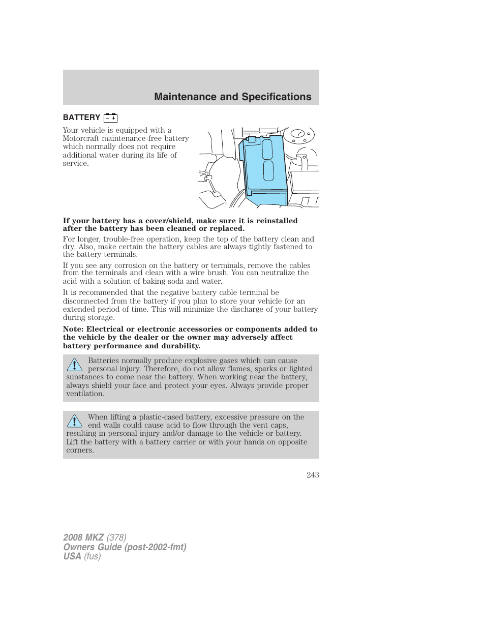 Battery, Maintenance and specifications | Lincoln 2008 MKZ User Manual | Page 243 / 280