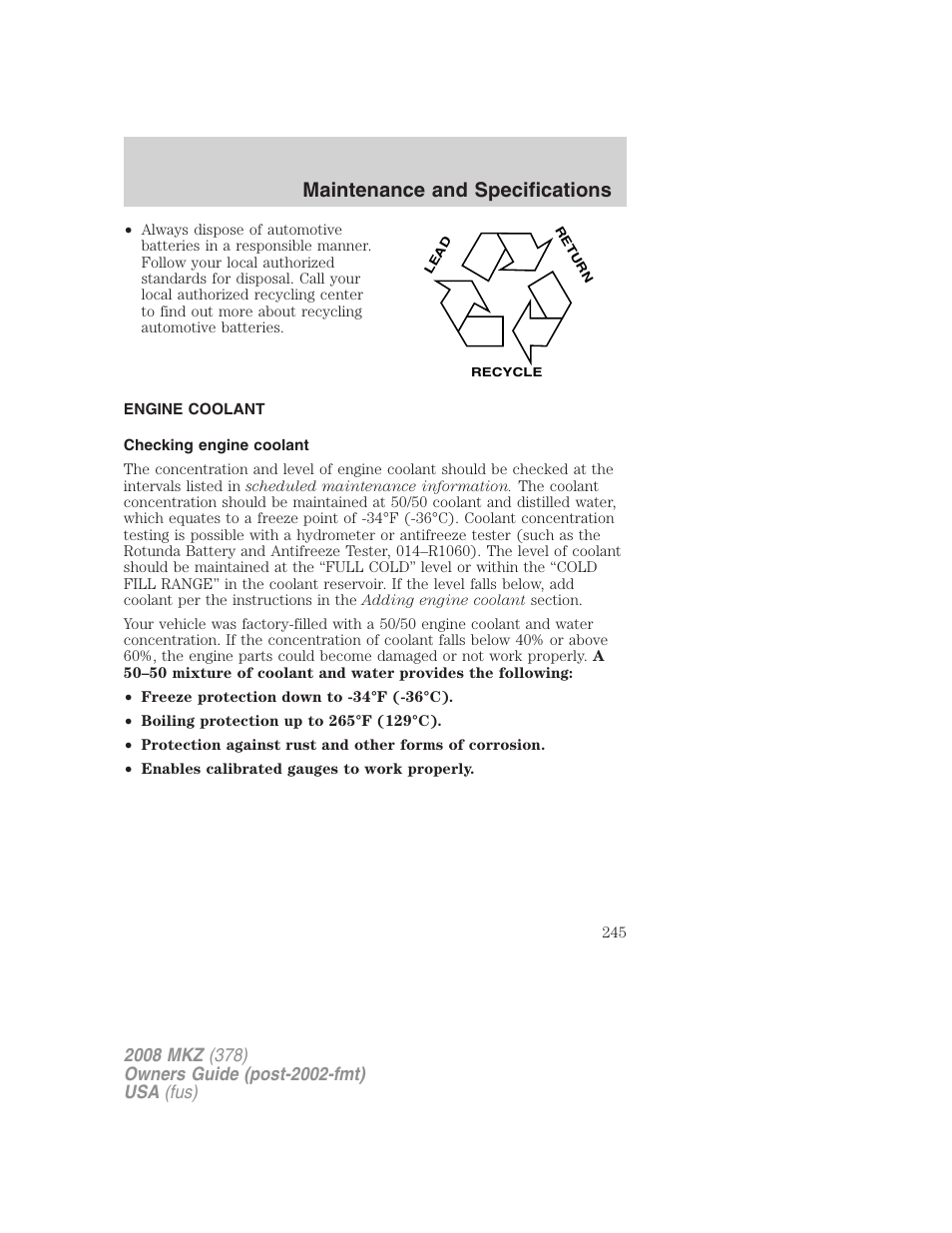 Engine coolant, Checking engine coolant, Maintenance and specifications | Lincoln 2008 MKZ User Manual | Page 245 / 280