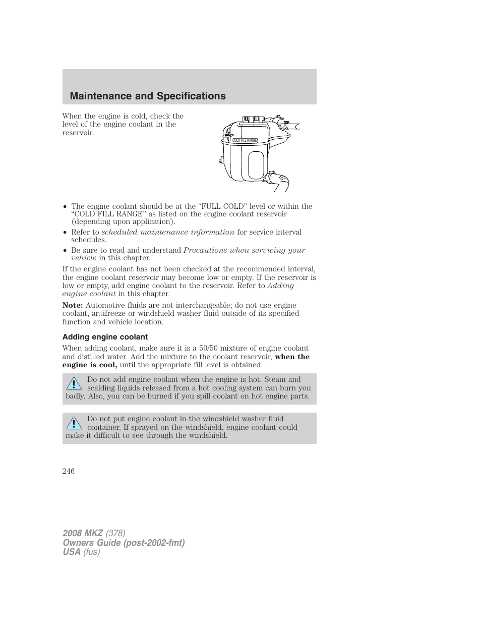 Adding engine coolant, Maintenance and specifications | Lincoln 2008 MKZ User Manual | Page 246 / 280