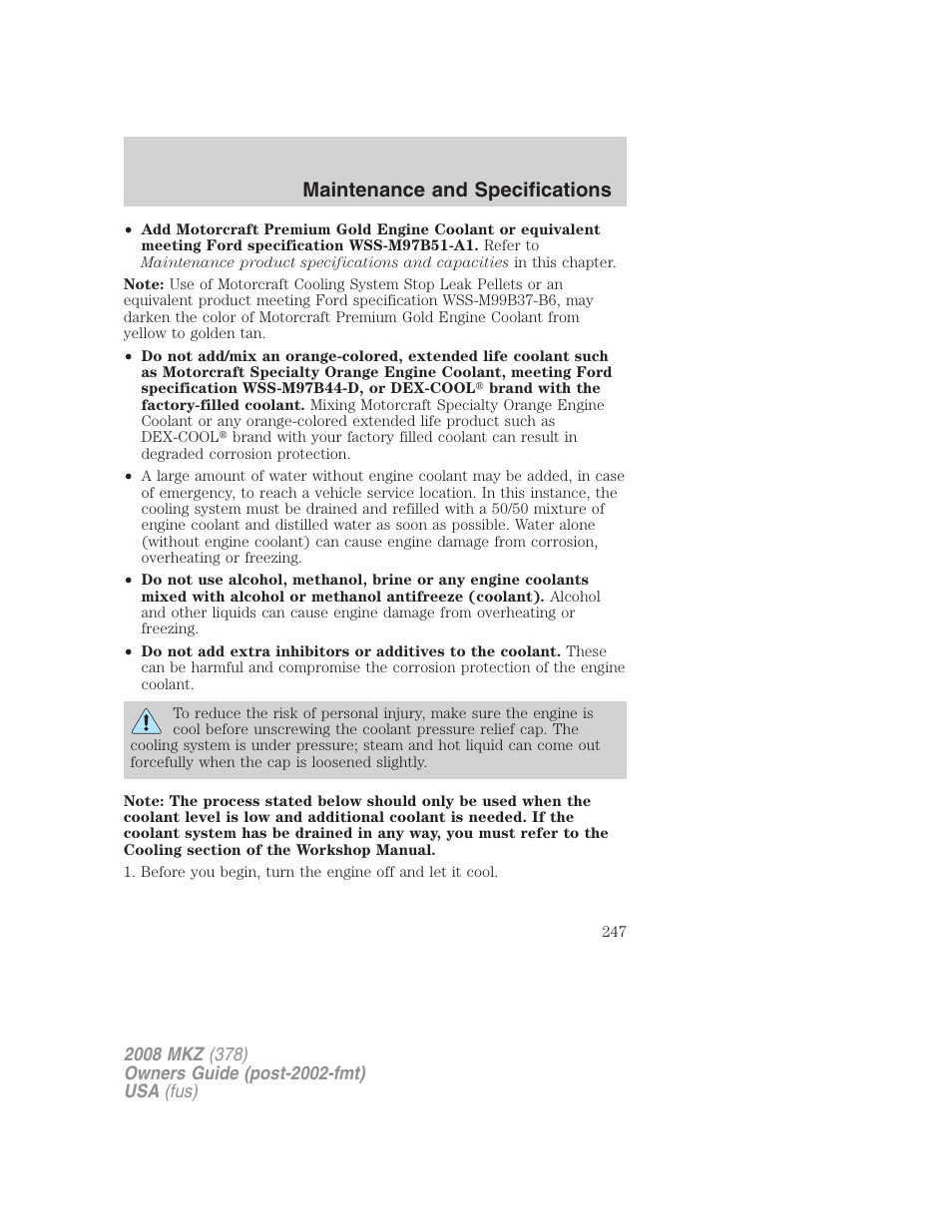 Maintenance and specifications | Lincoln 2008 MKZ User Manual | Page 247 / 280