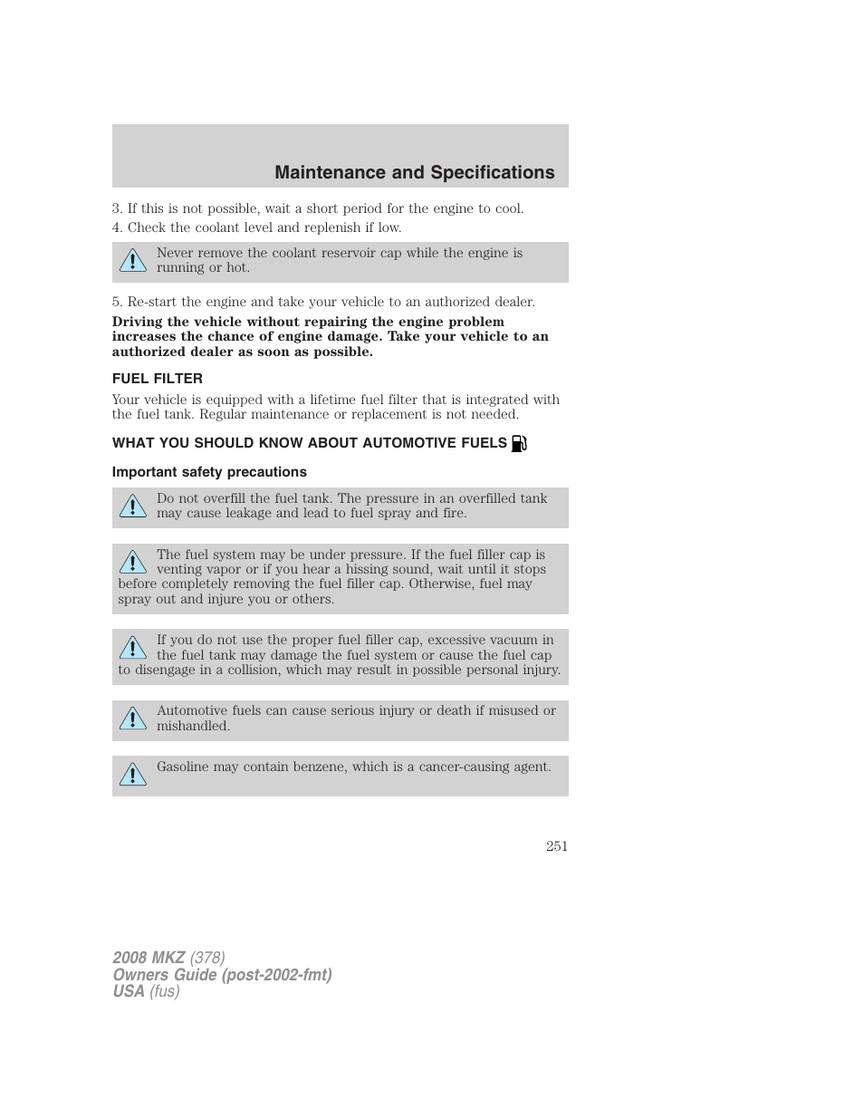 Fuel filter, What you should know about automotive fuels, Important safety precautions | Fuel information, Maintenance and specifications | Lincoln 2008 MKZ User Manual | Page 251 / 280