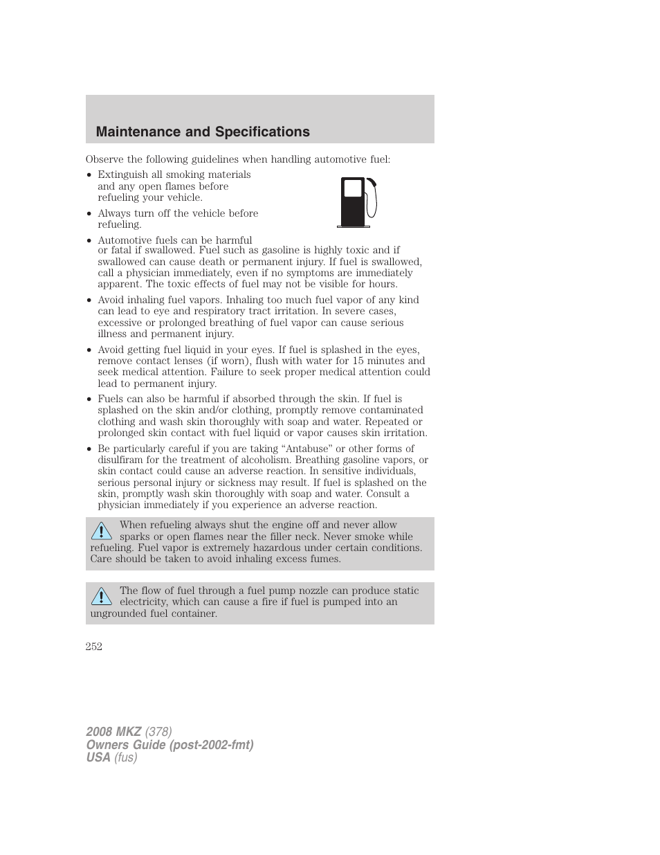 Maintenance and specifications | Lincoln 2008 MKZ User Manual | Page 252 / 280