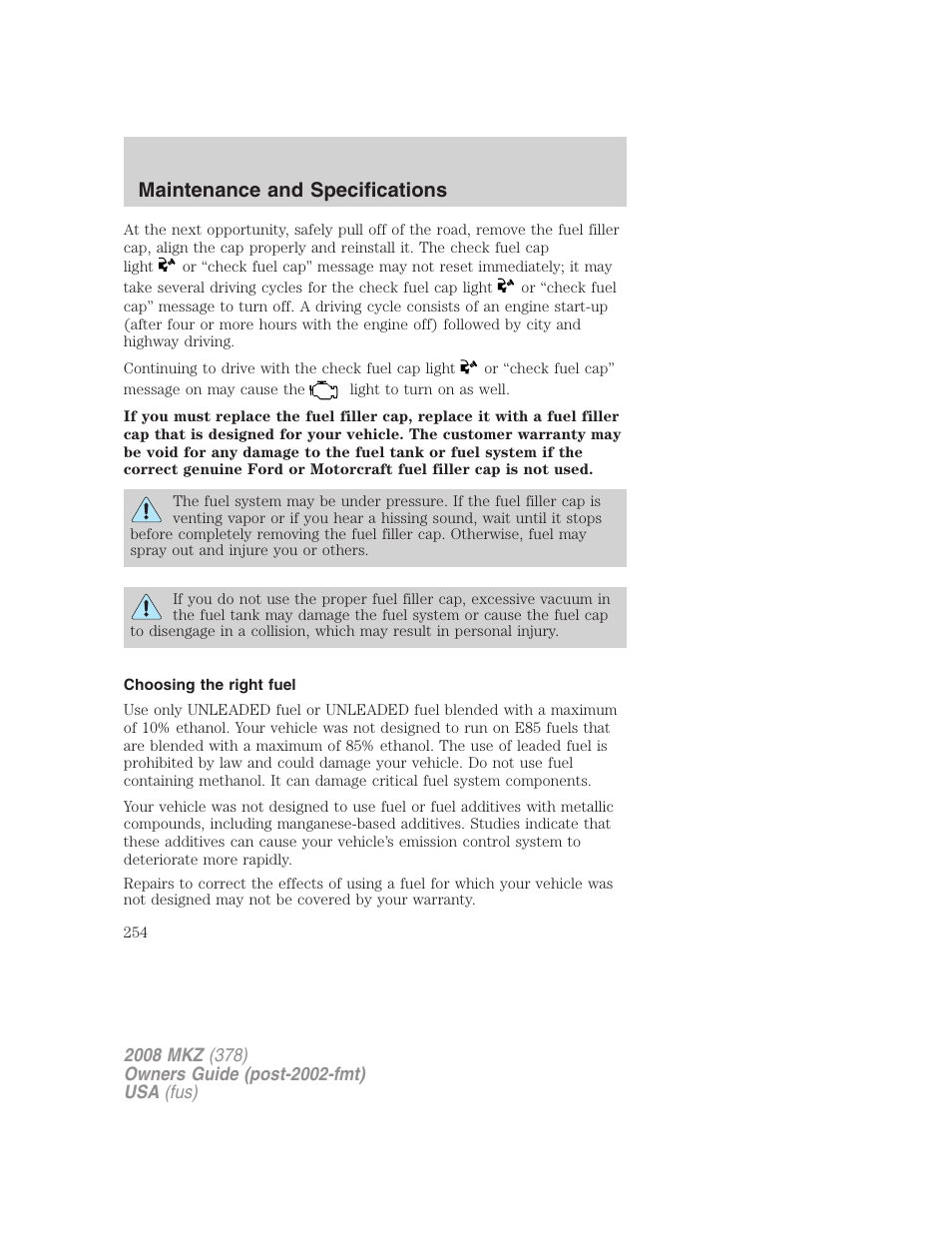 Choosing the right fuel, Maintenance and specifications | Lincoln 2008 MKZ User Manual | Page 254 / 280