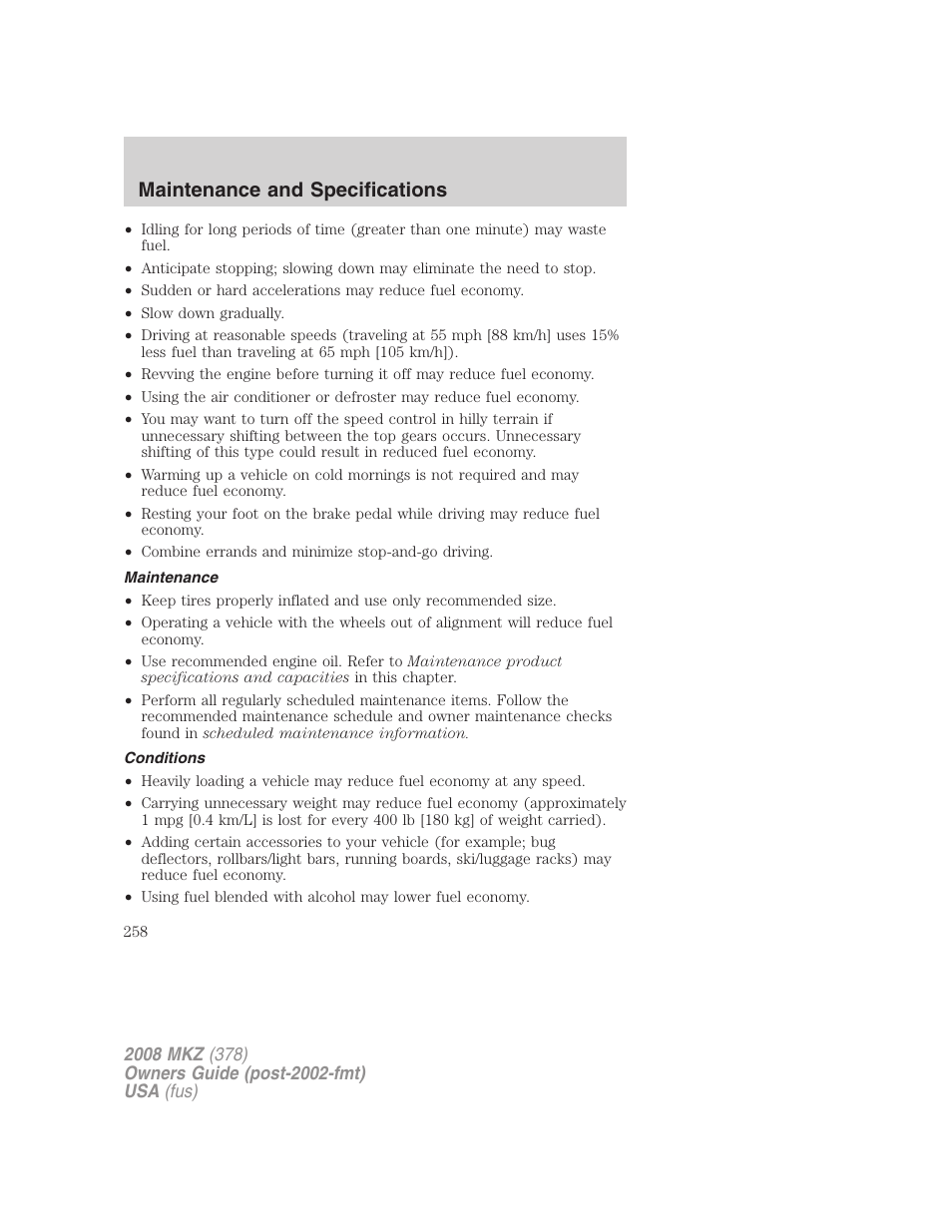 Maintenance, Conditions, Maintenance and specifications | Lincoln 2008 MKZ User Manual | Page 258 / 280