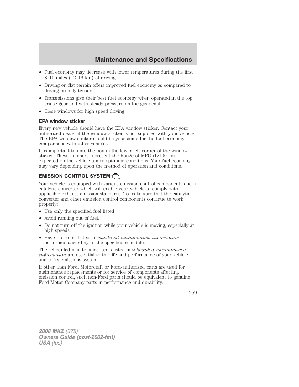 Epa window sticker, Emission control system, Maintenance and specifications | Lincoln 2008 MKZ User Manual | Page 259 / 280