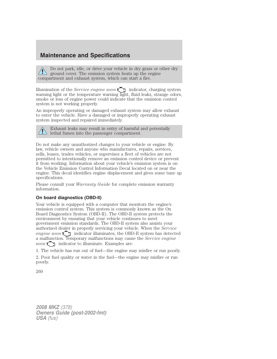 On board diagnostics (obd-ii), Maintenance and specifications | Lincoln 2008 MKZ User Manual | Page 260 / 280