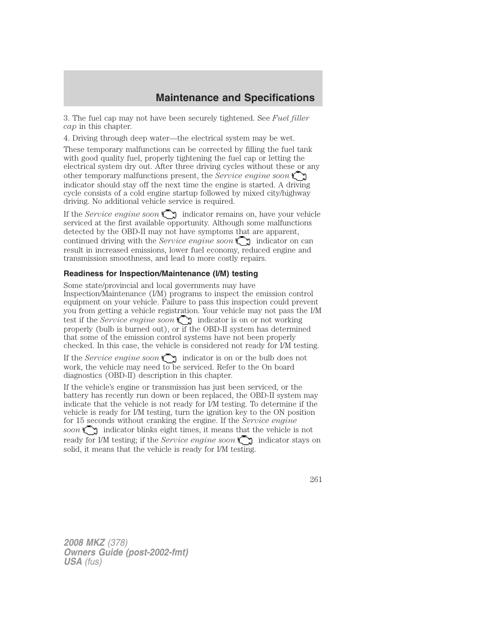 Readiness for inspection/maintenance (i/m) testing, Maintenance and specifications | Lincoln 2008 MKZ User Manual | Page 261 / 280