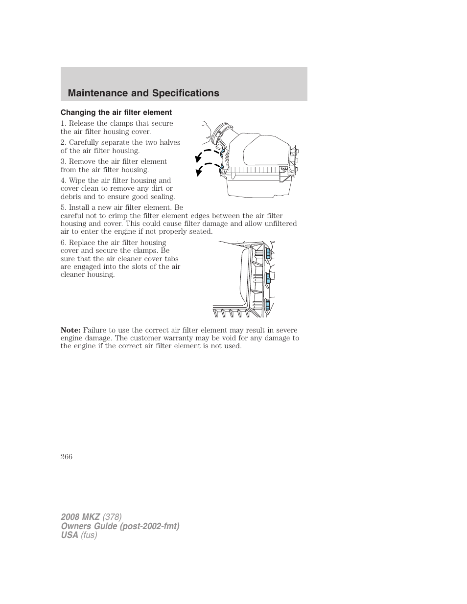 Changing the air filter element, Maintenance and specifications | Lincoln 2008 MKZ User Manual | Page 266 / 280