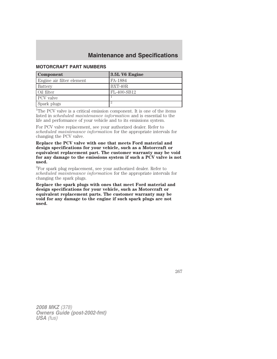 Motorcraft part numbers, Part numbers, Maintenance and specifications | Lincoln 2008 MKZ User Manual | Page 267 / 280