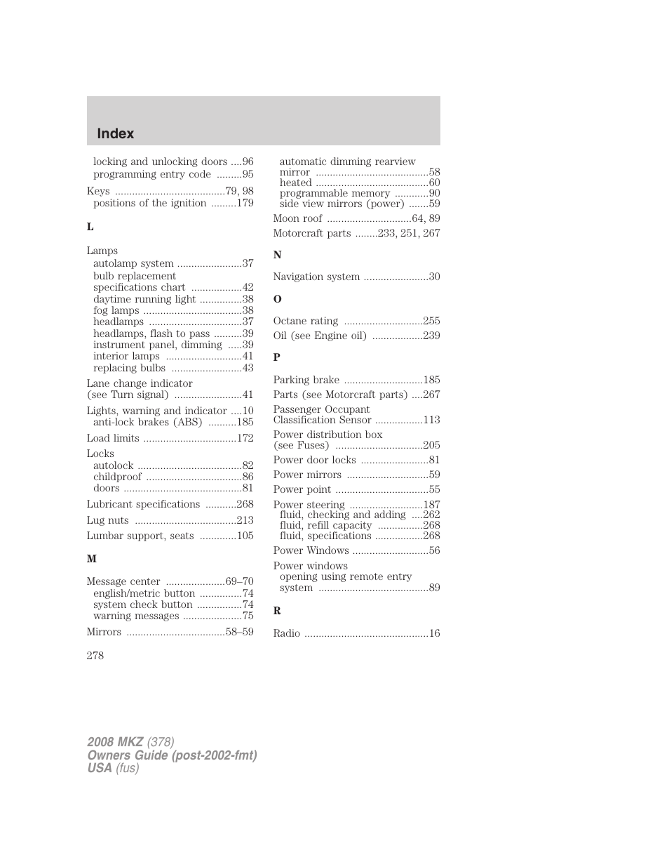 Index | Lincoln 2008 MKZ User Manual | Page 278 / 280