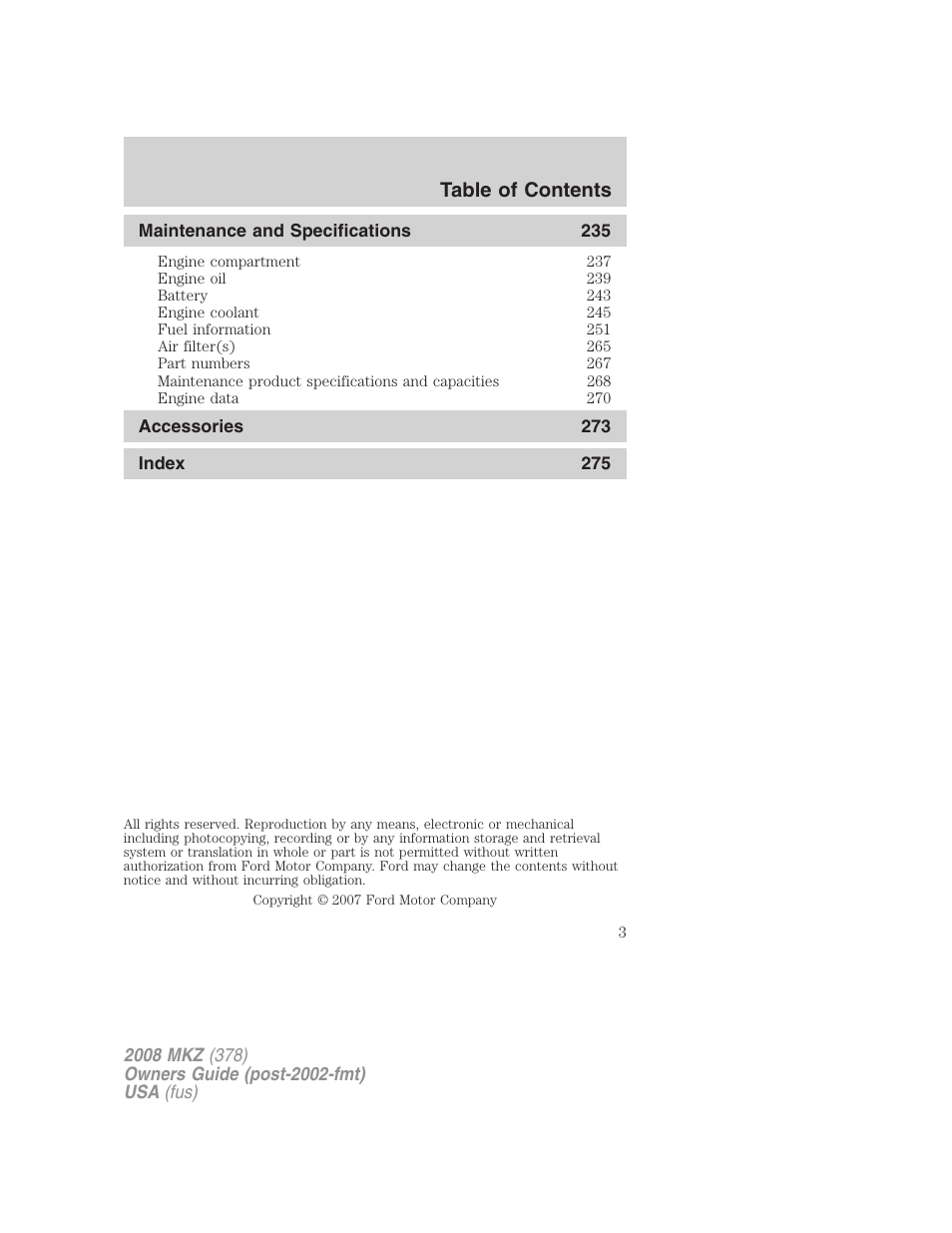 Lincoln 2008 MKZ User Manual | Page 3 / 280