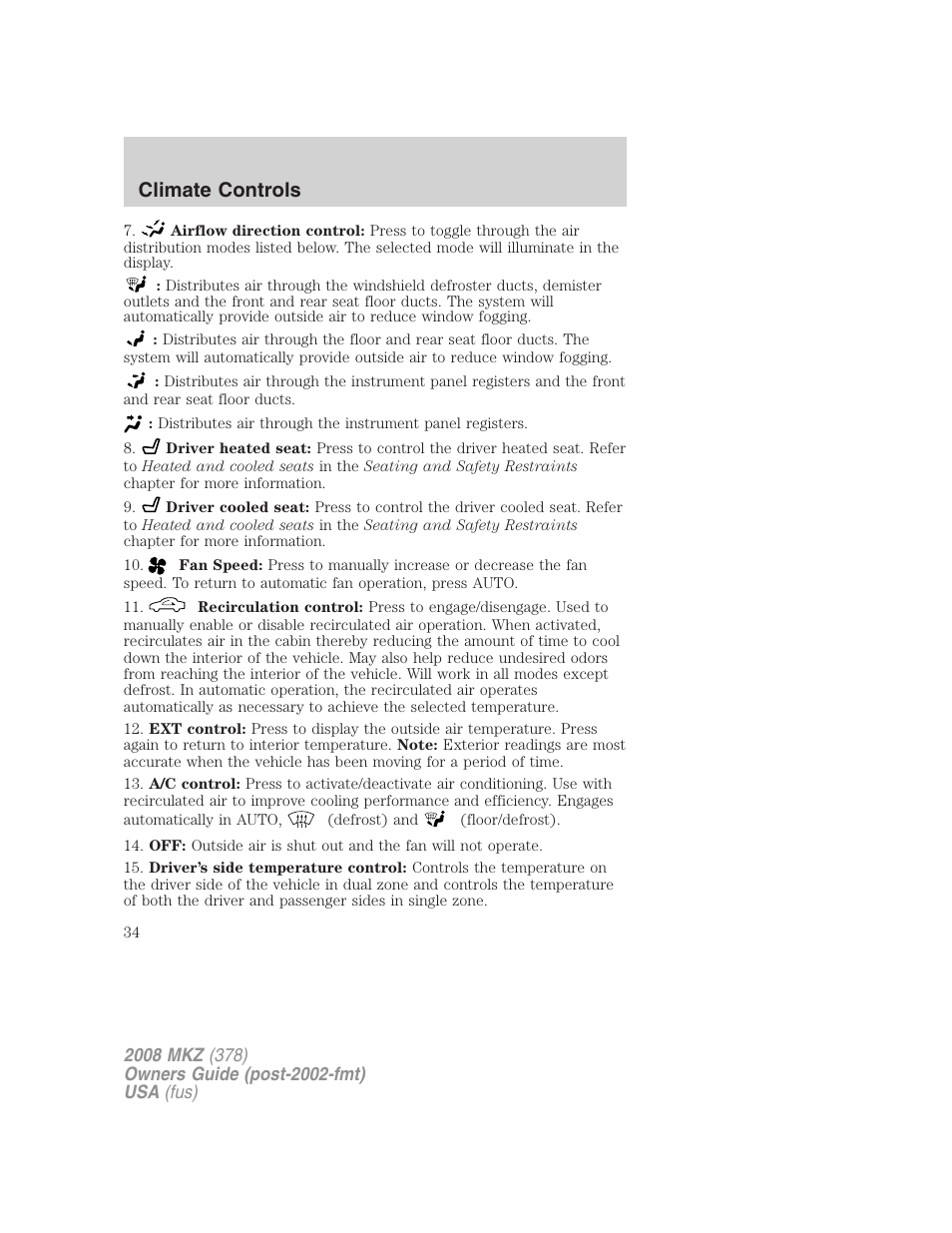 Climate controls | Lincoln 2008 MKZ User Manual | Page 34 / 280