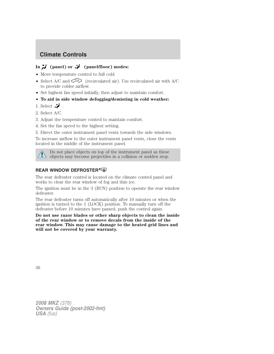 Rear window defroster, Climate controls | Lincoln 2008 MKZ User Manual | Page 36 / 280