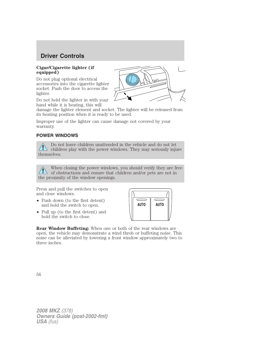 Power windows, Driver controls | Lincoln 2008 MKZ User Manual | Page 56 / 280