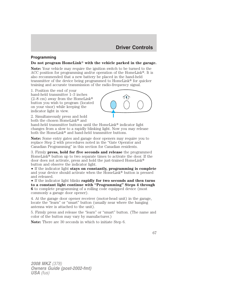 Programming, Driver controls | Lincoln 2008 MKZ User Manual | Page 67 / 280