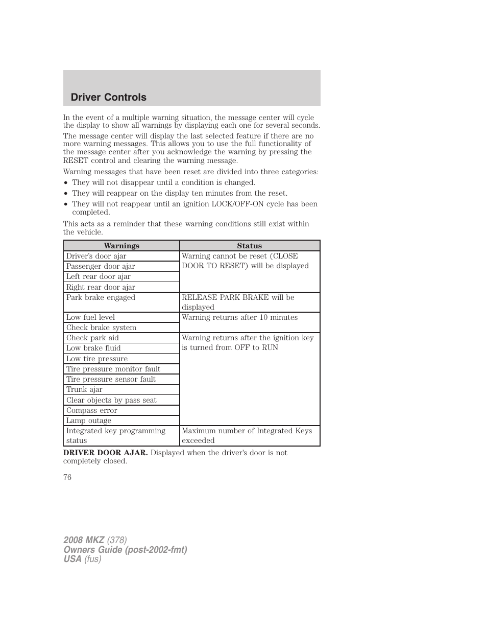 Driver controls | Lincoln 2008 MKZ User Manual | Page 76 / 280