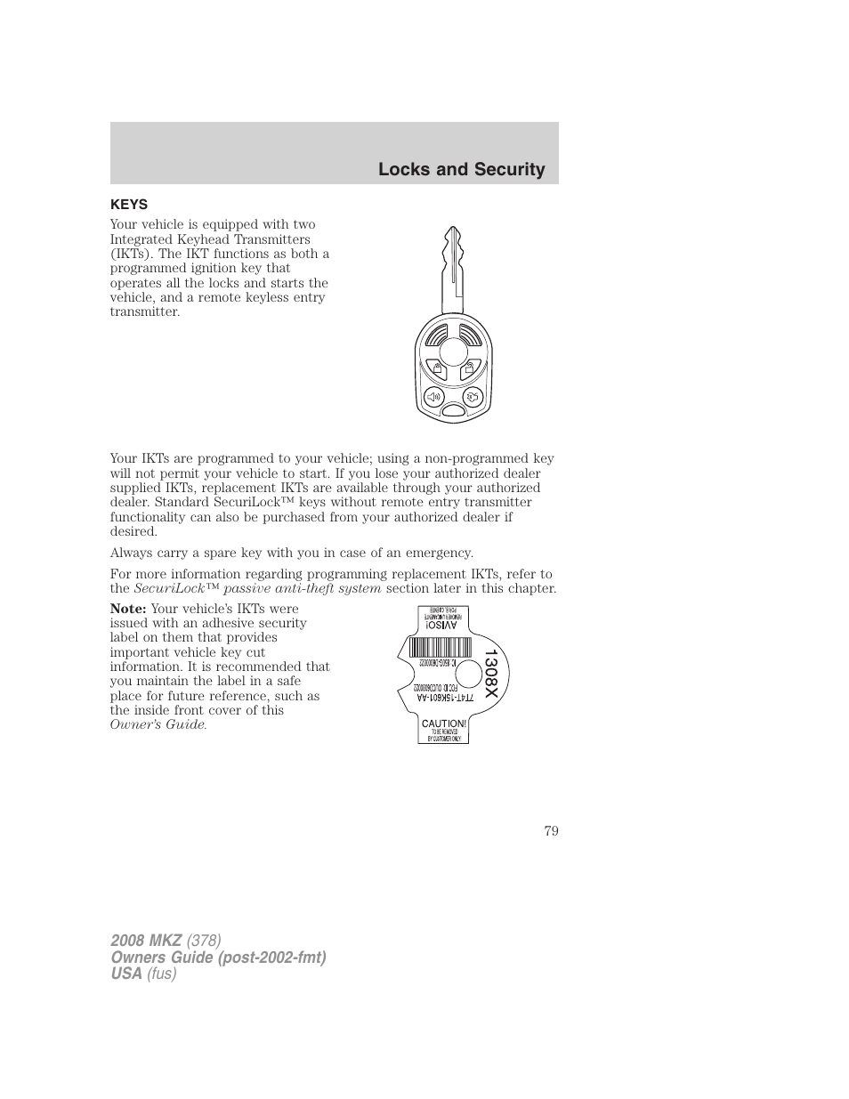 Locks and security, Keys | Lincoln 2008 MKZ User Manual | Page 79 / 280