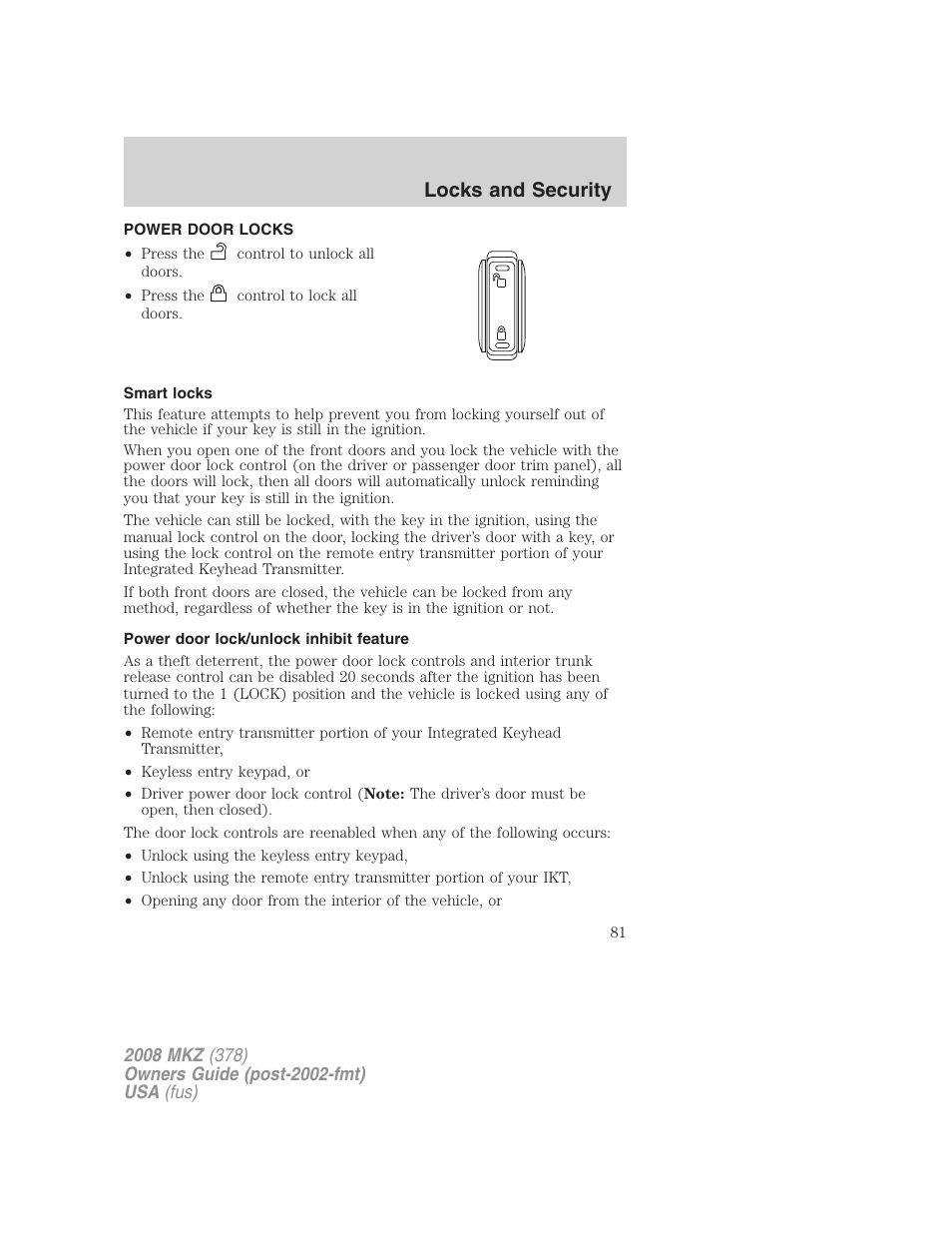 Power door locks, Smart locks, Power door lock/unlock inhibit feature | Locks, Locks and security | Lincoln 2008 MKZ User Manual | Page 81 / 280