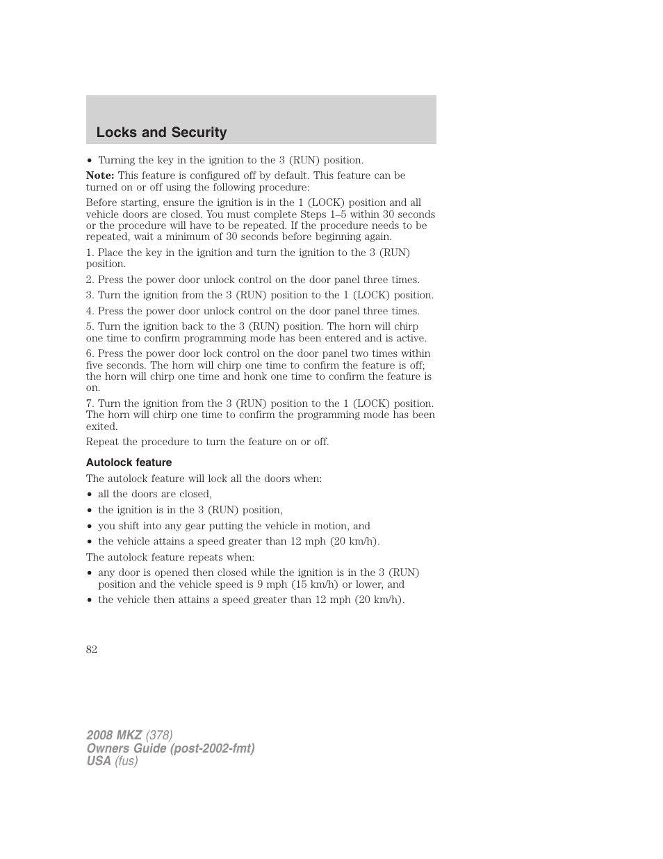 Autolock feature, Locks and security | Lincoln 2008 MKZ User Manual | Page 82 / 280